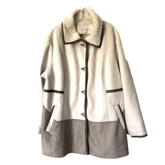 Coldwater Creek Faux Suede Fleece Lined Coat Pockets Size 3X/24 Ivory/Brown - Picture 2 of 16
